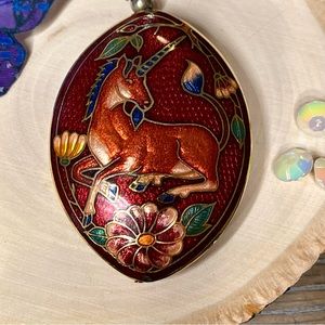Vintage Large Unicorn Two Sided Cloisonné Red Enamel Oval Puffy Pendant Necklace